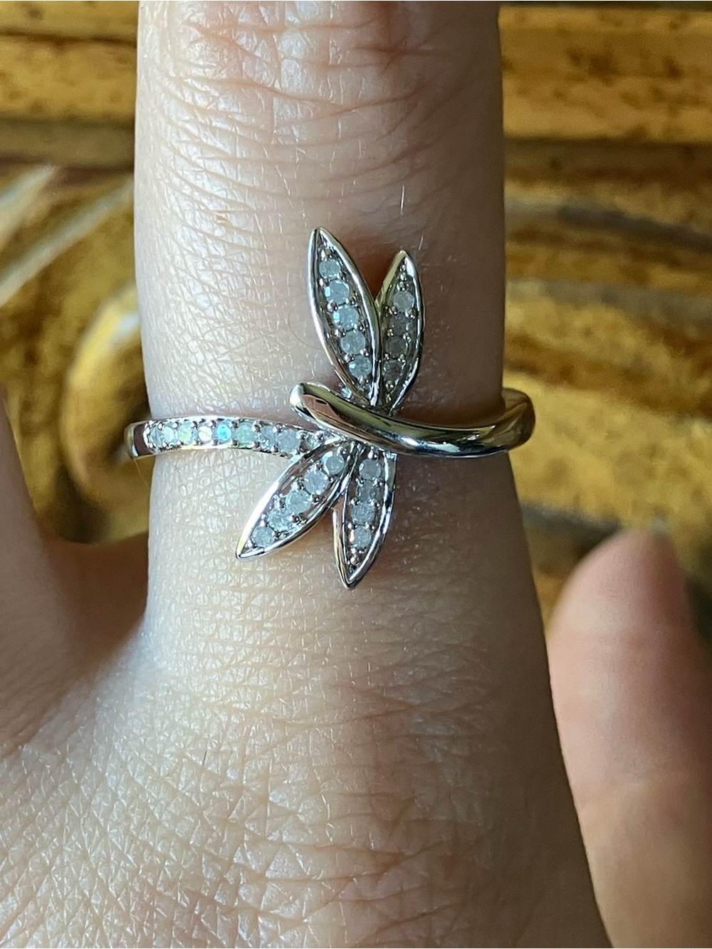 Natural White Diamond Sterling Silver Dragonfly Ring Size 8.75